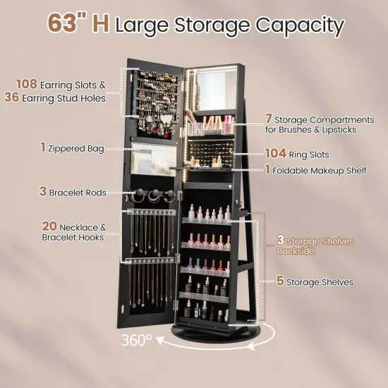 Black MDF Glass 4-in-1 Rotating Jewelry Cabinet with Mirror and LED Lights {4}