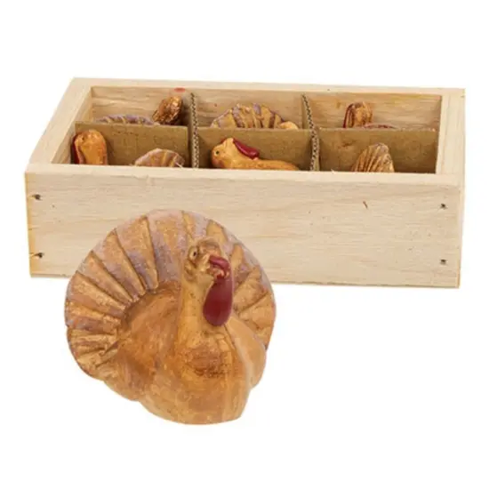 Set of 6 Miniature Resin Turkey Figurines with Rustic Distressed Finish in Natural Wood Crate {1}