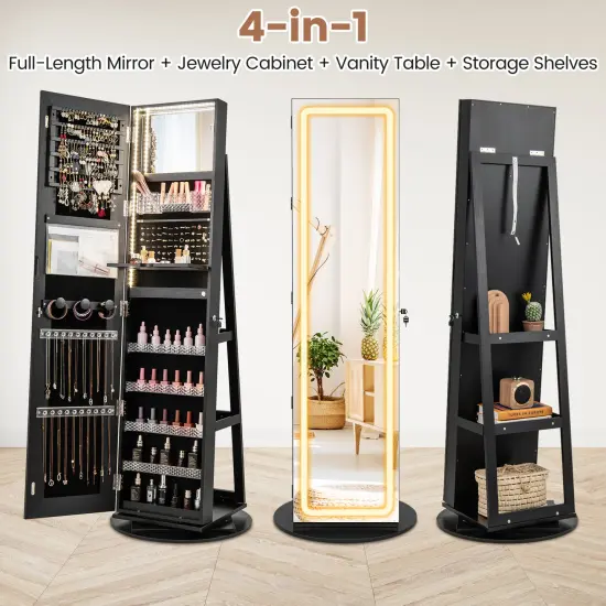 Black MDF Glass 4-in-1 Rotating Jewelry Cabinet with Mirror and LED Lights {3}