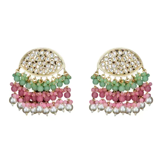 Indian Jhumka Earrings for Women - Large Indian Jhumki Ethnic Chandbali Earrings Faux Kundan & Pearl Beaded Bollywood Style Dangle Earring Jewelry for Bride | Birthday Gift for Her MINT {1}