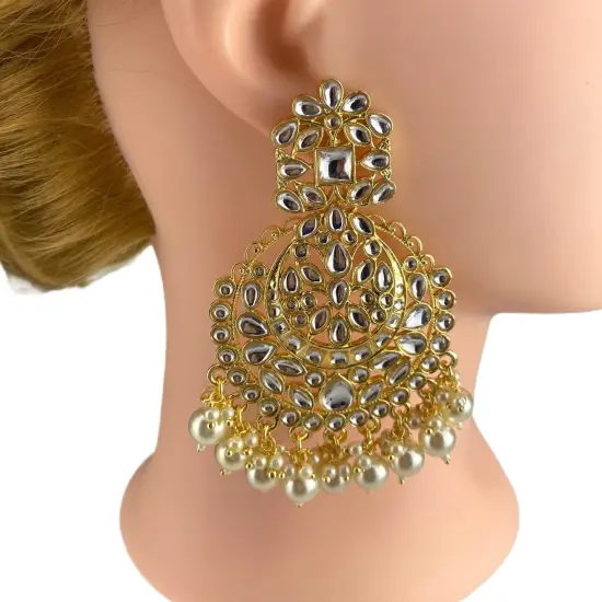 Indian Jhumka Earrings for Women - Indian Beaded Kundan Jhumka Ethnic Chandbali Earrings Faux Kundan & Pearl Beaded Bollywood Style Dangle Earring Jewelry for Bride | Birthday Gift for Her {2}