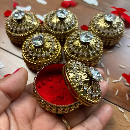Golden Metallic Kumkum Holder Decorative Sindoor Roli Chandan Dabbi Designer Jewelry Box Indian Pooja Housewarming Gift Wedding Favor Gift for Her {4}