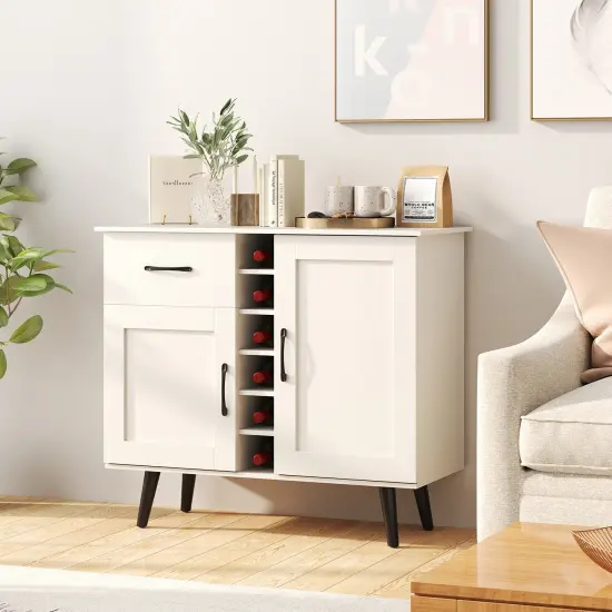 White Engineered Wood Buffet Cabinet with Drawer, Wine Rack and Adjustable Shelves {2}