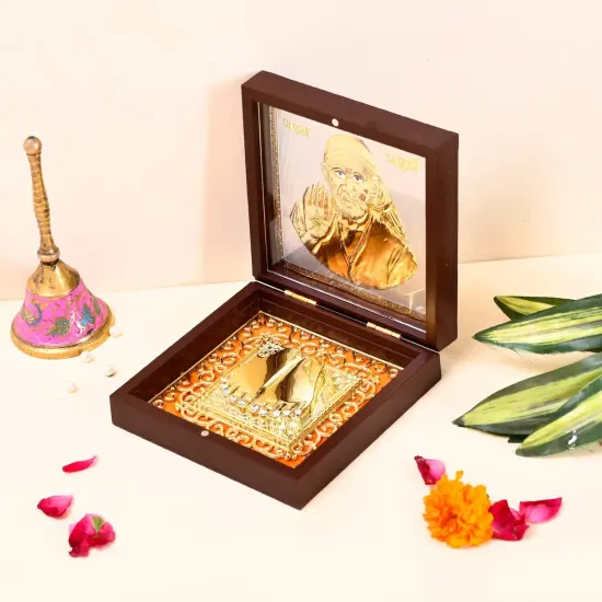 Gold Plated Sai Baba Photo Frame with Charan Paduka for Diwali Housewarming Indian Wedding Return Gift Worship Pooja Room Decor Hindu Religious Devotional Paduka Prayer Box Good Luck Gift {1}