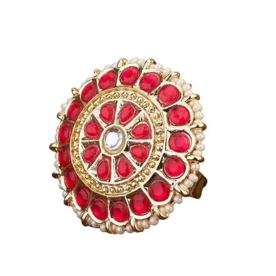 Kundan Pearl Ring with Gold Plating Vintage Round Statement Ring for Women Boho Open Wrap Finger Rings Adjustable Indian Bollywood Jewelry Hand Accessories for Wedding Party Gift Rani {1}