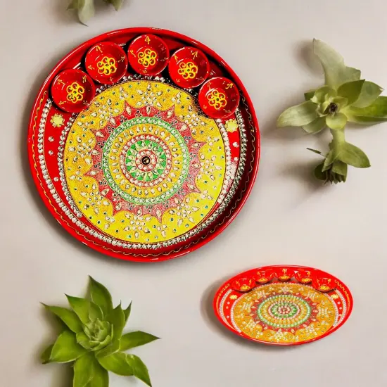 Pooja Thali with 5 Diya Bowls Rhinestone Red Painted Handmade Aarti Rituals Platter Festival Haldi Kumkum Thali Pooja Teej Diwali Wedding Engagement Plate Decorations - Housewarming Gift {2}