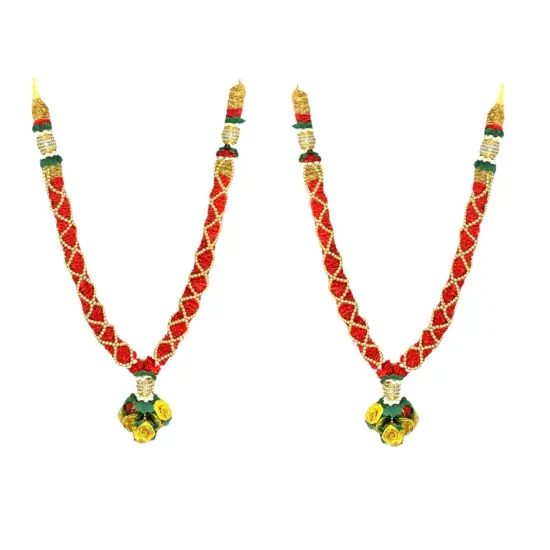 2PC Idol Mala 21 Inch God Goddess Haar Mala Indian Garland Jaimala Makhmali Bhagwan Haar Idol Pooja Item Garland for Photo Frame God Shringar Reusable Satin Mala Temple Decor (Red Golden) {2}