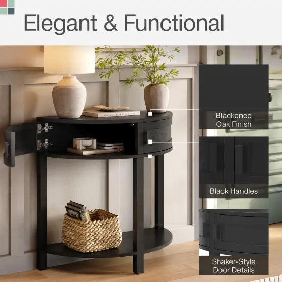Farmhouse Half Moon Console Table - Small Entry Desk with Storage for Narrow Spaces - Modern Home Decor - Living Room Furniture - Wood Entryway Table with Doors and Black Knobs (Blackened Oak) {6}