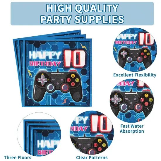 96 Pcs 10th Birthday Video Game Party Supplies 350 GSM Video Game Birthday Decorations Disposable Paper Plates and Napkins Tableware Set for Kids Boys 10th Birthday Gamer Gaming Party Serves 24 {5}