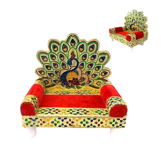 Wooden Laddu Gopal Sinhasan for Pooja Mandir Kanha Ji Singhasan Krishna Aasan for All God Janamashtami Favor Meenakari Peacock Design Singhasan Housewarming Gift {5}