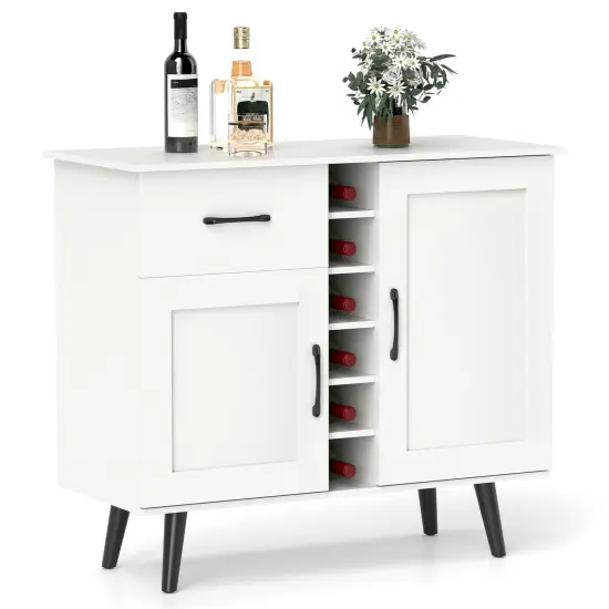White Engineered Wood Buffet Cabinet with Drawer, Wine Rack and Adjustable Shelves {1}