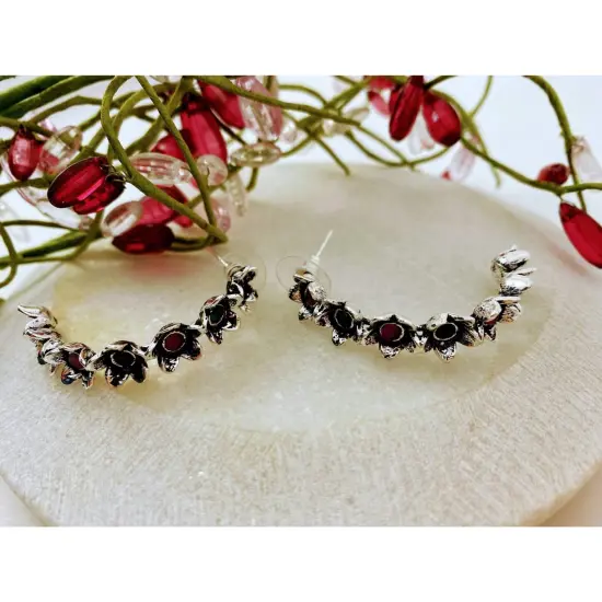 Indian Oxidized Half-Hoop Earrings for Women - Oxidized Flower Huggie Hoop Earrings Bohemian Inspired Half-Circle Design Bollywood Style Ear Jewellery for Bridesmaid | Birthday Gift for Her {4}