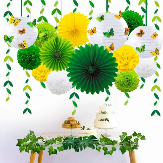 Yellow Green Party Decoration Kit Hanging Paper Fans Lanterns Flowers Pom Pom with 3D Butterfly Green Leaves Garland for Birthday {2}