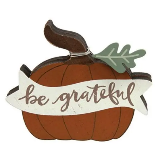 Wooden Pumpkin Sitter with Be Grateful Banner and Leaf Accent for Display {1}