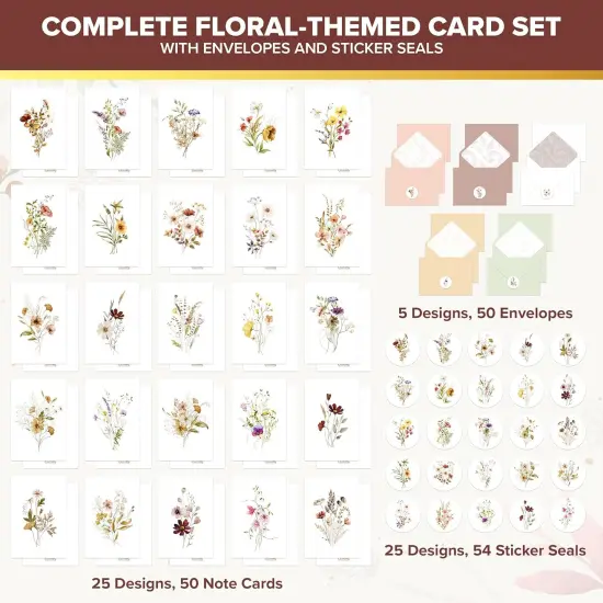 50 Pack 4x6in Blank Floral Cards with Envelopes and Stickers {2}