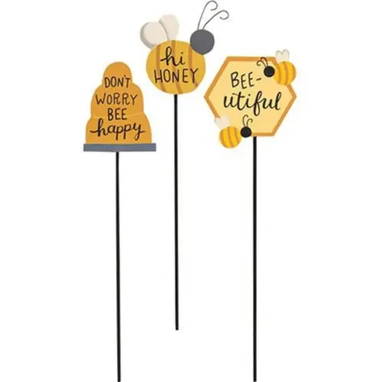 Yellow Wood Bee Plant Poke with Black Metal Stems and Whimsical Designs 3 Asstd. {1}