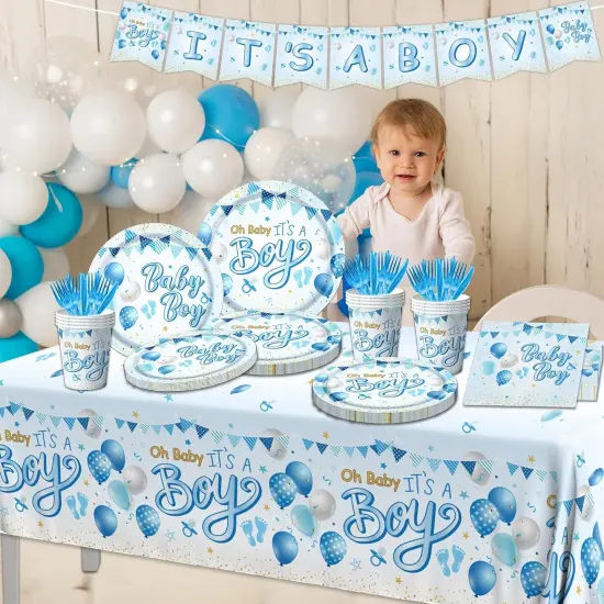 It's a Boy Baby Shower Party Supplies with Baby Boy Plates Napkins Cups Banner Tablecloth {5}