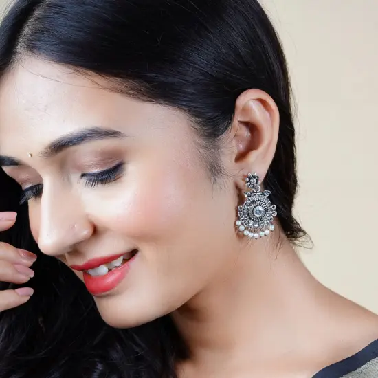 Indian Oxidized Jhumka Earrings for Women - Round Oxidized Jhumki Ethnic Chandbali Earrings Faux Pearls with Oxidized Platting Bollywood Style Dangle Earring Jewelry for Bride Gift for Her Ruby Green {2}