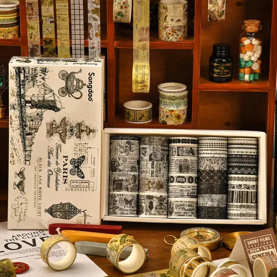 36 Rolls Vintage Washi Tape (Black & White Light) {4}