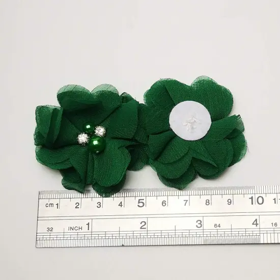Craft Pac.k of 12pcs Chiffon Flowers Ribbon Bows W/Beads 2-3/8" (60mm) (Bright Green) {3}