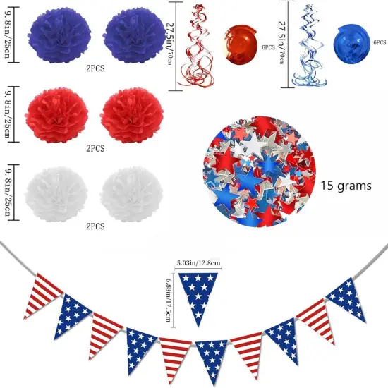 27PCS 4th of July Patriotic Party Decorations Set&ndash;Red White Blue Paper Fans, Star Pom Poms, USA Flag Pennant {2}