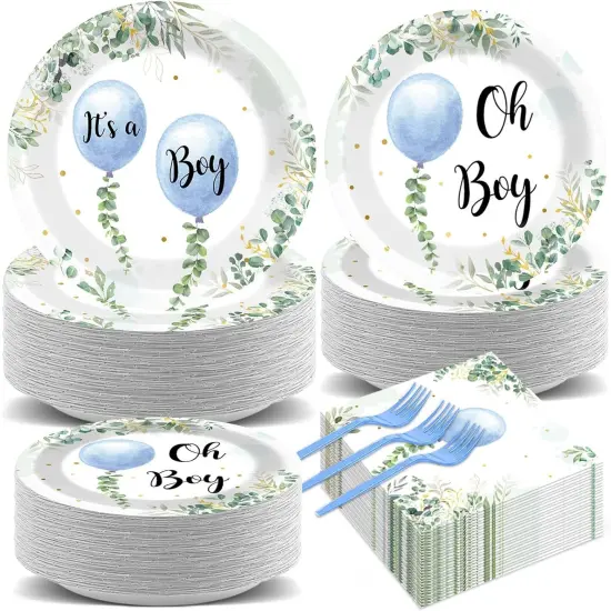 200-Piece Oh Boy Blue Balloon & Eucalyptus Baby Shower Tableware Set {1}