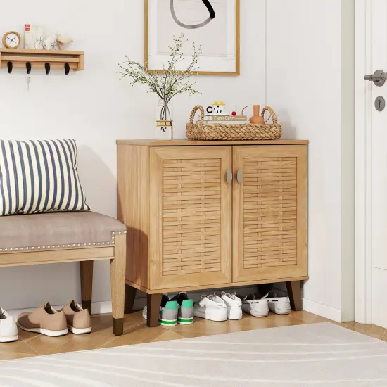 Teak Engineered Wood Shoe Storage Cabinet with Ventilated Doors and Removable Shelves {2}
