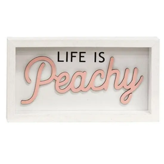 Wooden Life Is Peachy Box Sign with Distressed Finish and Sawtooth Hanger {1}