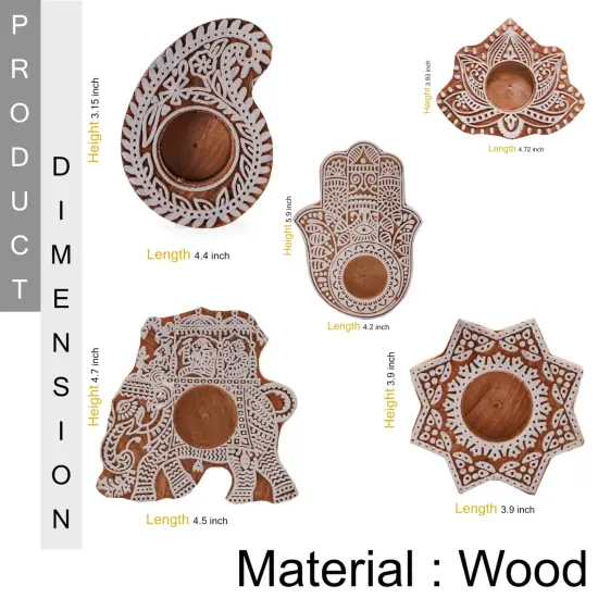 Wooden Block Print Tea Light Candle Holders for Diwali Handmade Tlight for Deepawali Decoration Items Designer Diya Deepam for Goddess Worship Housewarming Gifts (hamsa/paisley/star/lotus) {4}