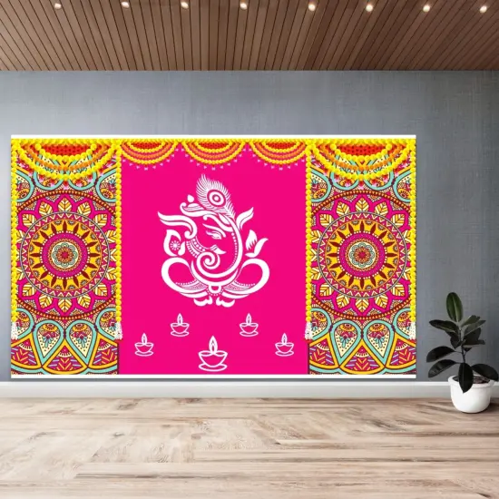 Lord Ganesh Backdrop 5x8 Feet Indian Traditional Cloth Backdrop Pooja Backdrop Indian Wall Art Photo Decor Banner Diwali Decor Wedding Backdrop Decorative Cloth Housewarming Gift {6}