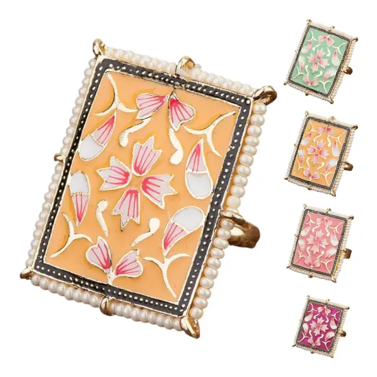 Classic Ring Meenakari Work Designer Adjustable Pearl Finger Ring for Women Minakari Ring with Gold Plating Statement Ring Boho Open Wrap Indian Bollywood Jewelry for Wedding Party Peach {1}