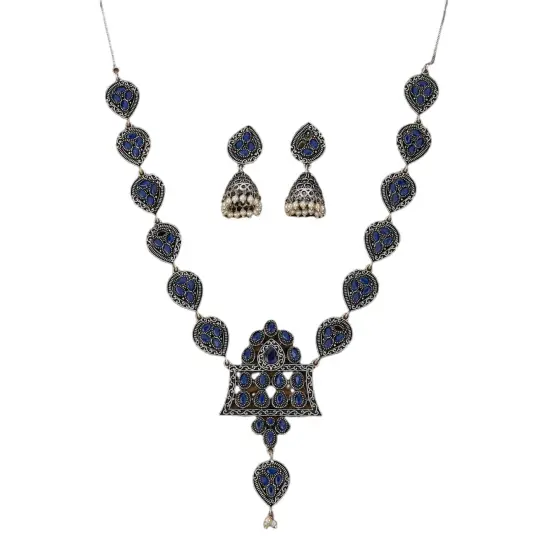 Indian Oxidized Jewelry Boho Tribal Jewelry Indian Long Necklace Bohemian Jewelry Afghani Tribal Tassel Long Ghungroo Necklace Earrings Set Choker Necklace Fashion Jewelry Blue {1}