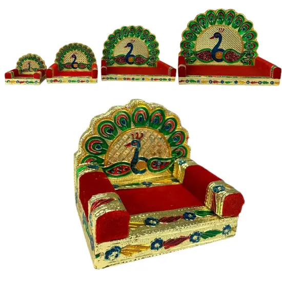 Wooden Laddu Gopal Sinhasan for Pooja Mandir Peacock Design Kanha Ji Singhasan Krishna Singhasan Aasan for All God Janamashtami Favor Meenakari Singhasan Housewarming Gift {6}