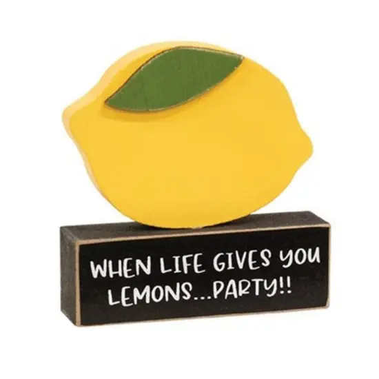 When Life Gives You Lemons Wooden Sitter Bright Yellow Lemon Figurine on Black Block with Uplifting Quote {1}