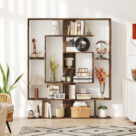 Rustic Brown Engineered Wood 7-Tier Bookshelf with Anti-Tip Kit and Geometric Design {5}