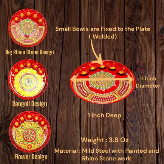 Pooja Thali with 5 Diya Bowls Rhinestone Red Painted Handmade Aarti Rituals Platter Festival Haldi Kumkum Thali Pooja Teej Diwali Wedding Engagement Plate Decorations - Housewarming Gift {5}