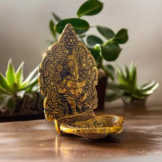 Ganesha Brass Finish Diya for Puja God Ganesh Idol Oil Lamp Deepam Akhand Jyot Kuber Deepak Diwali Home Decorations Mandir Temple Decor Vilakku Deepawali Housewarming Wedding Return Gifts {1}