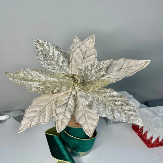 Champagne Glittered Poinsettia Christmas Flower Stem Spray 13'' Set of 3 {3}