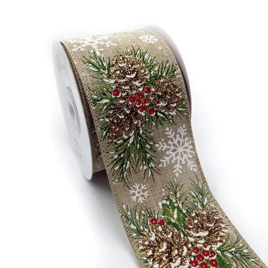 Designer&rsquo;s Shop WR 63-5214 Holiday Pinecone & Snowflake Wired Edge Ribbon &ndash; 2.5" x 10 Yards Ribbon with Glitter, Red Berries, and Evergreen Sprigs {1}