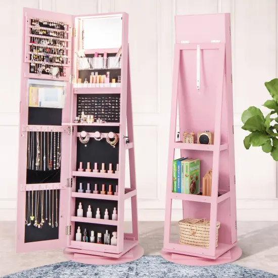 Pink MDF Freestanding Jewelry Armoire with Mirror, LED, Tray and Storage {6}