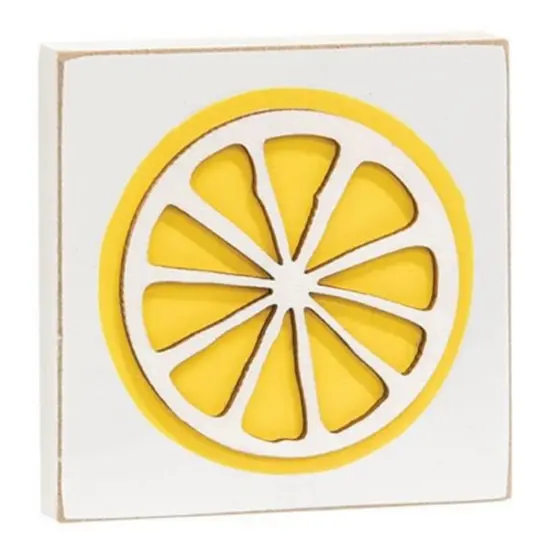 Wood Lemon Graphic Square Block Freestanding Decor with Bright Finish {1}