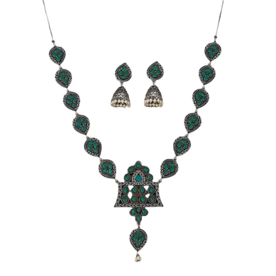 Indian Oxidized Jewelry Boho Tribal Jewelry Indian Long Necklace Bohemian Jewelry Afghani Tribal Tassel Long Ghungroo Necklace Earrings Set Choker Necklace Fashion Jewelry Blue {6}