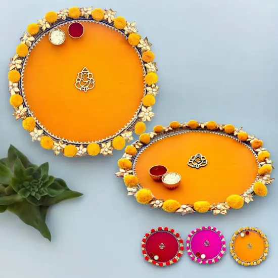 Steel Pompom Ganesha Decorated Pooja Thali Handmade Aarti Rituals Platter Festival Haldi Kumkum Thali Puja Teej Diwali Wedding Engagement Plate Decorations - Housewarming Gift Yellow {1}