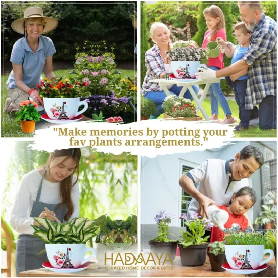 7.5" Ceramic Teacup Planter Pot with Saucer (Red) {5}