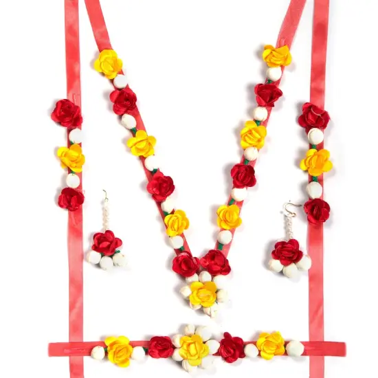 Flower Designer Jewelry Set for Women Handmade Necklace with Earrings Maang Tikka Wristbands Waistbelt Indian Artificial Jewelry for Haldi Mehndi Wedding Party Bridal Pink {7}