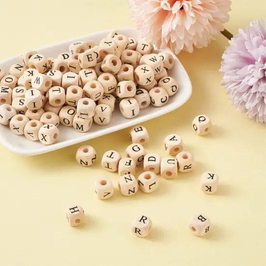 Cube Wood Beads with Initial 26 Letters (PapayaWhip#10mm) {4}