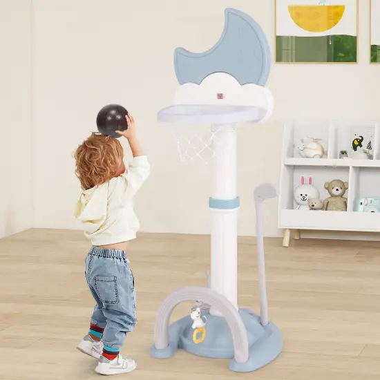 4-In-1 Kids Basketball Hoop with Moon-shaped Electronic Scoreboard and Play Set-Blue {1}