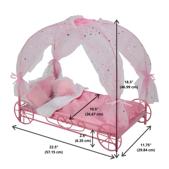 Badger Basket Royal Carriage Metal Doll Bed with Canopy, Bedding and LED Lights - Pink/White/Stars {4}