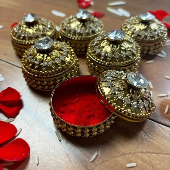 Golden Metallic Kumkum Holder Decorative Sindoor Roli Chandan Dabbi Designer Jewelry Box Indian Pooja Housewarming Gift Wedding Favor Gift for Her {1}