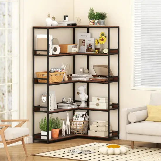 Walnut Metal Engineered Wood L-Shaped Bookshelf with 5 Shelves and Anti-Tip Kits {6}